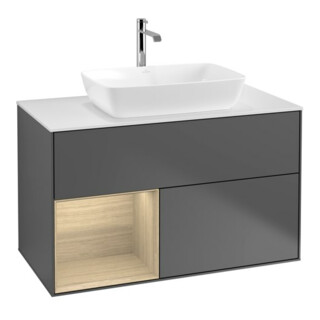 V&B Meuble sous lavabo Finion 100, éclairage mural, blanc, réglette Oa ven, anthracite