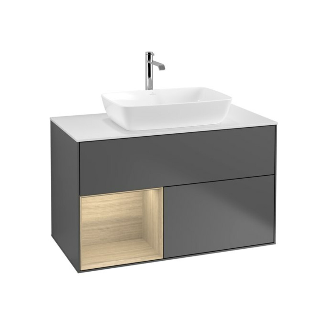 V&B Meuble sous lavabo Finion 100, éclairage mural, blanc, réglette Oa ven, anthracite