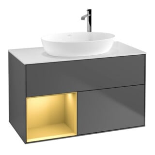 V&B Meuble sous lavabo Finion 100, éclairage mural, blanc, réglette or mat, anthracite mat