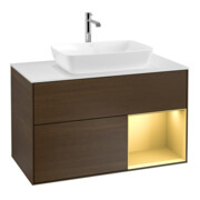 V&B Meuble sous-lavabo Finion 100, éclairage mural, blanc, réglette or, noyer veinée