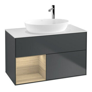 V&B Meuble sous lavabo Finion 100, éclairage mural, blanc, régulateur Oa ven, miroir bleu m Lac