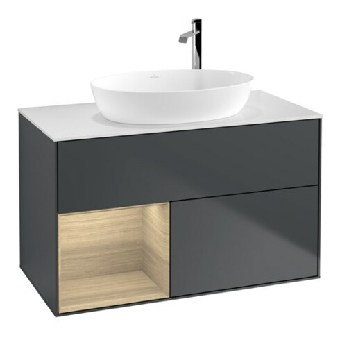 V&B Meuble sous lavabo Finion 100, éclairage mural, blanc, régulateur Oa ven, miroir bleu m Lac