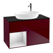 V&B Meuble sous lavabo Finion 100, éclairage mural, bleu, étagère blanche laquée, poignée métallique