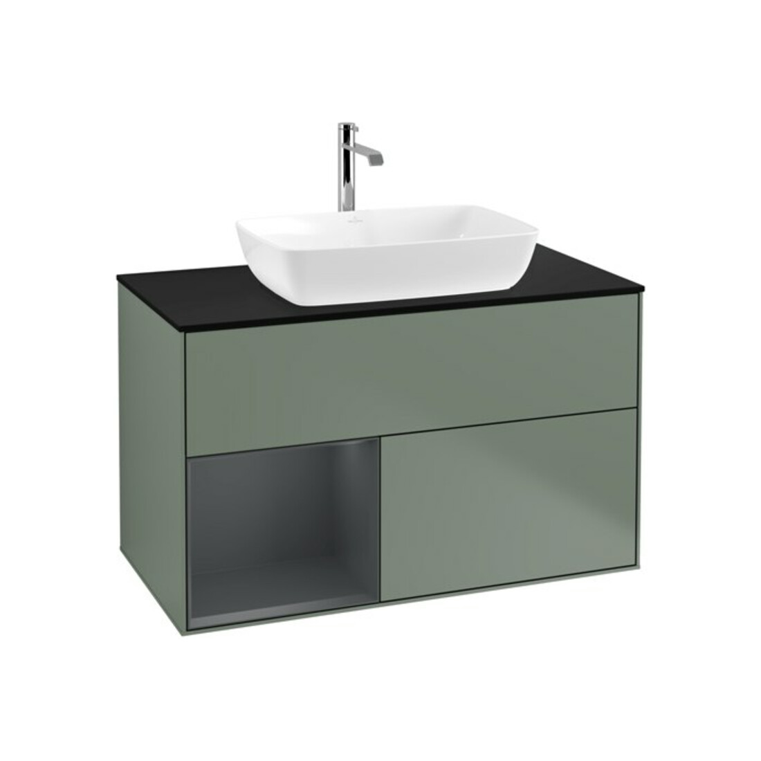 V&B Meuble sous lavabo Finion 100, éclairage mural, bleu, étagère moyenne laquée, huile laquée