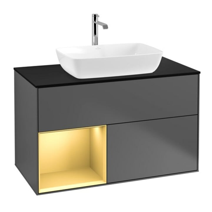 V&B Meuble sous lavabo Finion 100, éclairage mural, bleu, étagère or, anthracite