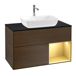 V&B Meuble sous lavabo Finion 100, éclairage mural, bleu, étagère or, placage noyer