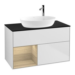 V&B Meuble sous lavabo Finion 100, éclairage mural, bleu, étagère ouverte, blanc laqué