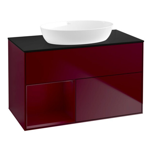 V&B Meuble sous lavabo Finion 100, éclairage mural, bleu, laqué, avec étagère