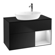 V&B Meuble sous lavabo Finion 100, éclairage mural, bleu mat, étagère blanche mat, bleu mat laqué