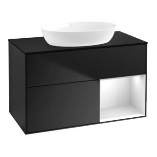 V&B Meuble sous lavabo Finion 100, éclairage mural, bleu mat, étagère blanche mat, bleu mat laqué