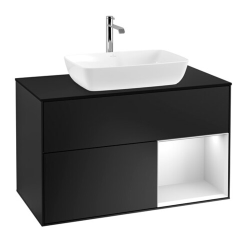 V&B Meuble sous lavabo Finion 100, éclairage mural, bleu mat, étagère blanche mat laquée, bleu mat laqué