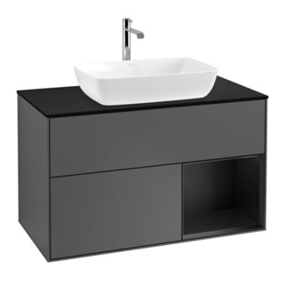 V&B Meuble sous lavabo Finion 100, éclairage mural, bleu mat, étagère bleu mat, anthracite mat