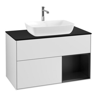 V&B Meuble sous lavabo Finion 100, éclairage mural, bleu mat, étagère bleu mat Lac, blanc mat Lac