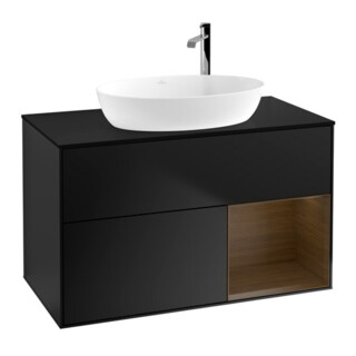 V&B Meuble sous lavabo Finion 100, éclairage mural, bleu mat, étagère en noyer veinée, bleu mat Lac