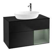 V&B Meuble sous lavabo Finion 100, éclairage mural, bleu mat, étagère huilée mat laqué