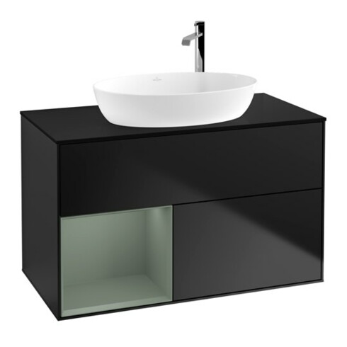 V&B Meuble sous lavabo Finion 100, éclairage mural, bleu mat, étagère huilée mat laqué bleu