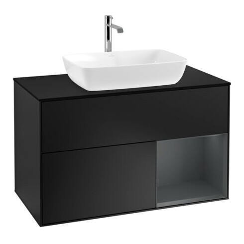 V&B Meuble sous-lavabo Finion 100, éclairage mural, bleu mat, étagère médium mat laqué bleu