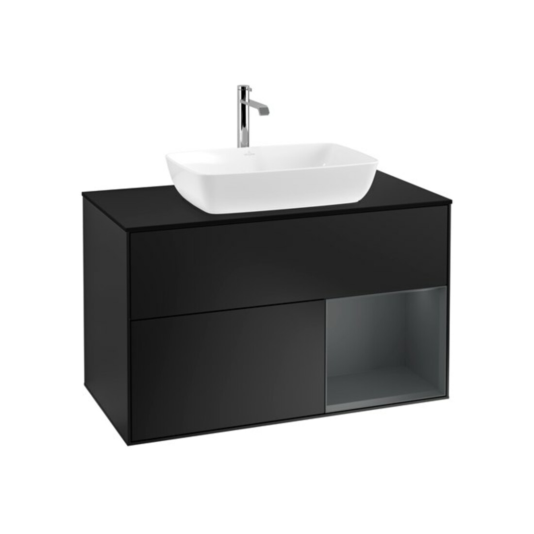 V&B Meuble sous-lavabo Finion 100, éclairage mural, bleu mat, étagère médium mat laqué bleu