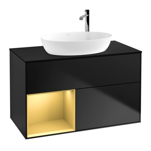 V&B Meuble sous lavabo Finion 100, éclairage mural, bleu mat, étagère or mat lacqué