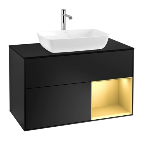 V&B Meuble sous lavabo Finion 100, éclairage mural, bleu mat, étagère or mat laqué, bleu mat laqué