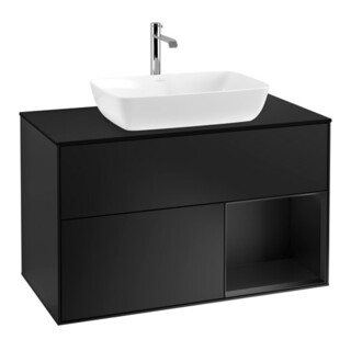 V&B Meuble sous lavabo Finion 100, éclairage mural, bleu mat, placage bleu mat, bleu mat