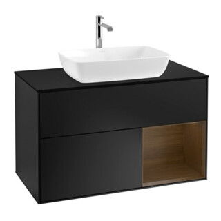V&B Meuble sous lavabo Finion 100, éclairage mural, bleu mat, rangement bois, bleu mat laqué