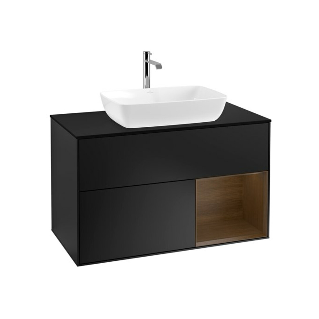 V&B Meuble sous lavabo Finion 100, éclairage mural, bleu mat, rangement bois, bleu mat laqué