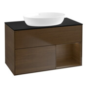 V&B Meuble sous lavabo Finion 100, éclairage mural, bleu pâle, étagère en noyer veneer