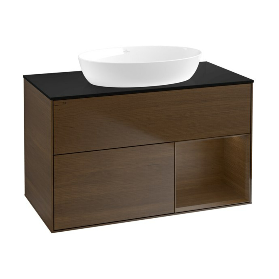 V&B Meuble sous lavabo Finion 100, éclairage mural, bleu pâle, étagère en noyer veneer