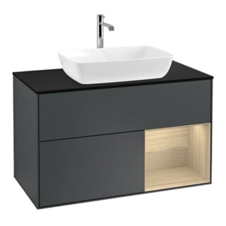 V&B Meuble sous lavabo Finion 100, éclairage mural, bleu pâle, étagère ouverte, bleu moyen laqué