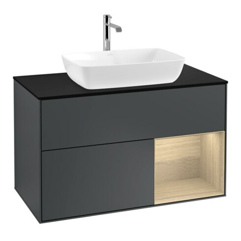 V&B Meuble sous lavabo Finion 100, éclairage mural, bleu pâle, étagère ouverte, bleu moyen laqué