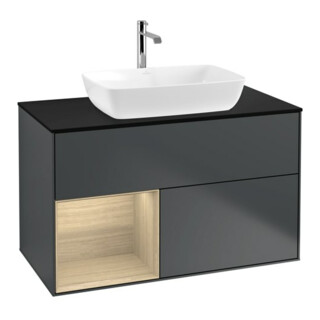 V&B Meuble sous lavabo Finion 100, éclairage mural, bleu pâle, régulateur Oa ven, bleu moyen avec laque