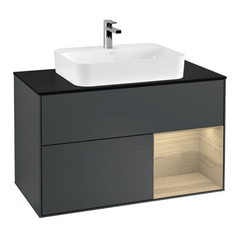 V&B Meuble sous-lavabo Finion 100, éclairage mural, Pl b m, Reg re Oa ven, md bl. m Lac