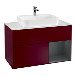 V&B Meuble sous lavabo Finion 100, éclairage mural, Pl blanc mat, réglette droite médiane bleue avec laque, Peo m
