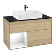 V&B Meuble sous lavabo Finion 100, éclairage mural, placage blanc laqué, tiroir gauche, poignée blanche