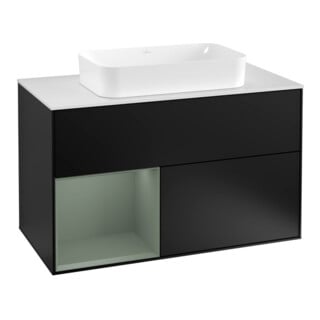 V&B Meuble sous lavabo Finion 100, éclairage mural, placage blanc mat, côté gauche, placage chêne huilé mat, placage bleu mat