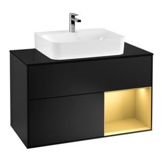 V&B Meuble sous lavabo Finion 100, éclairage mural, placage bleu, étagère réglable, bleu laqué