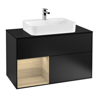 V&B Meuble sous lavabo Finion 100, éclairage mural, placage bleu mat, étagère gauche, bleu mat laqué