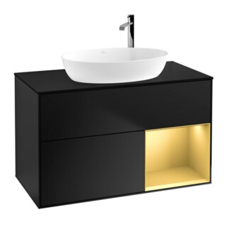 V&B Meuble sous lavabo Finion 100, éclairage mural, placage bleu mat, rayures or mat, placage bleu mat