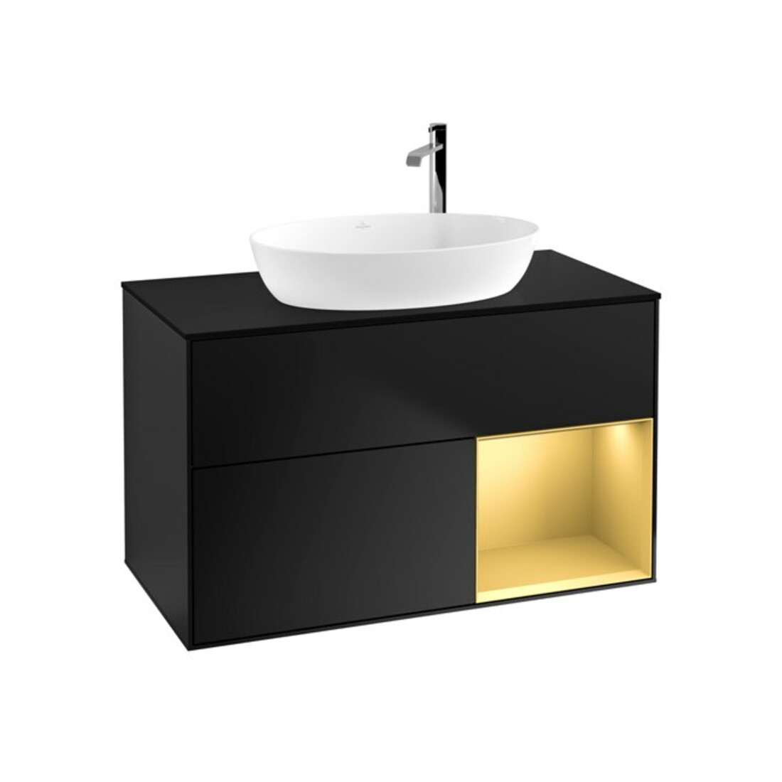V&B Meuble sous lavabo Finion 100, éclairage mural, placage bleu mat, rayures or mat, placage bleu mat