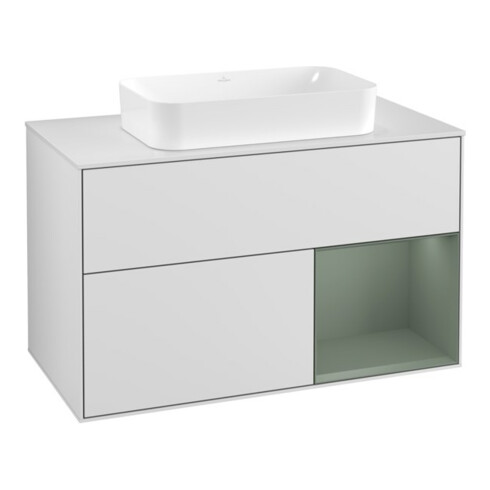 V&B Meuble sous lavabo Finion 100, éclairage mural, placage bois, blanc laqué