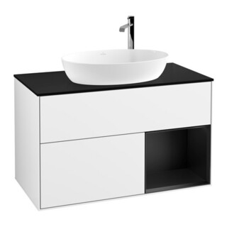 V&B Meuble sous lavabo Finion 100, éclairage mural, placage bois, laqué blanc brillant