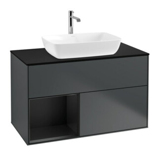 V&B Meuble sous lavabo Finion 100, éclairage mural, placage bois, laqué bleu mat