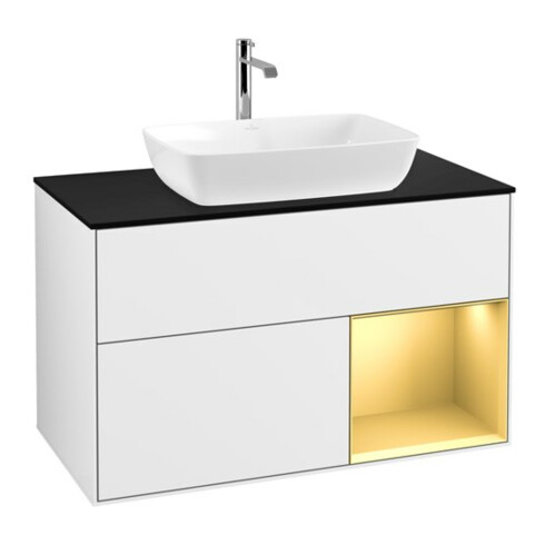 V&B Meuble sous-lavabo Finion 100, éclairage mural, placage bois, laqué or, laqué blanc brillant