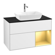 V&B Meuble sous-lavabo Finion 100, éclairage mural, placage bois, laqué or, laqué blanc brillant