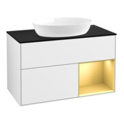 V&B Meuble sous lavabo Finion 100, éclairage mural, placage bois m, réglette or m, laqué blanc brillant