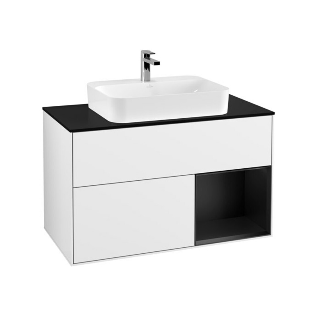 V&B Meuble sous lavabo Finion 100, éclairage mural, placage bois m, rouge bleu m, laqué blanc brillant