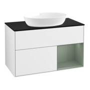 V&B Meuble sous lavabo Finion 100, éclairage mural, placage bois, régulateur huile, laqué blanc brillant