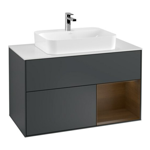 V&B Meuble sous lavabo Finion 100, éclairage mural, placage noyer, avec miroir, mat blanc lacqué