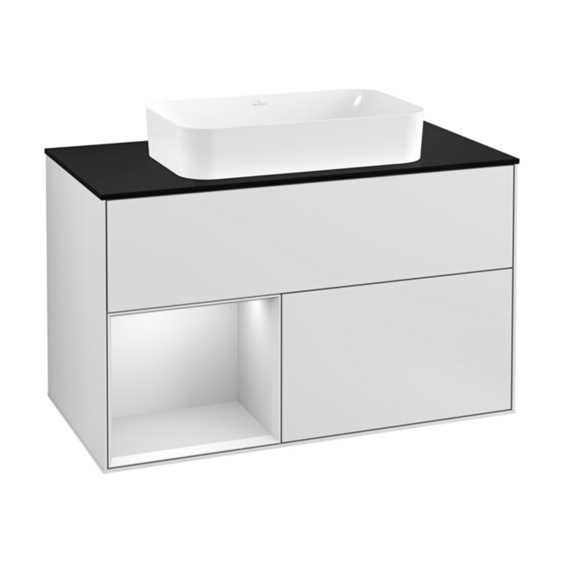 V&B Meuble sous lavabo Finion 100, éclairage mural, placard bas, porte gauche, blanc mat laqué